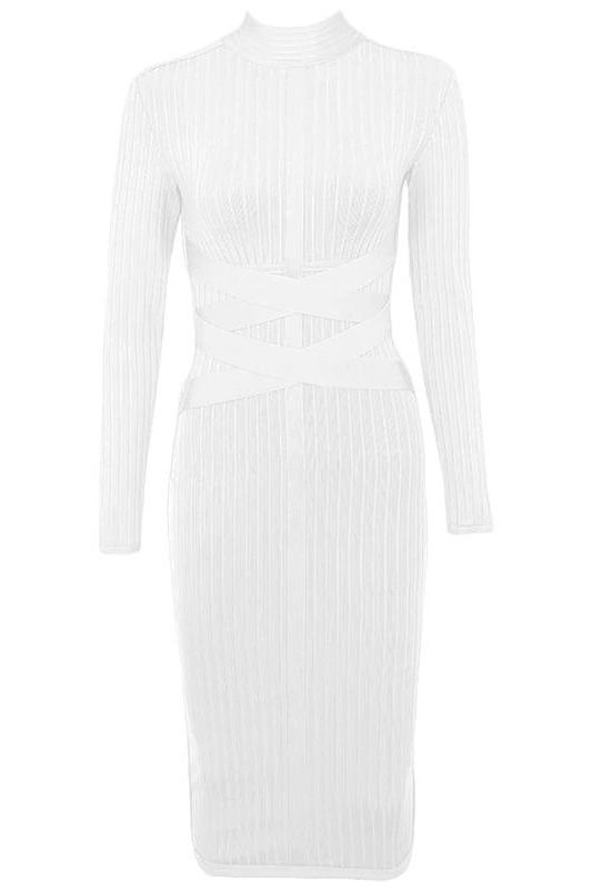 Woman wearing a figure flattering  Jane Long Sleeve Bodycon Midi Dress - Pearl White Bodycon Collection