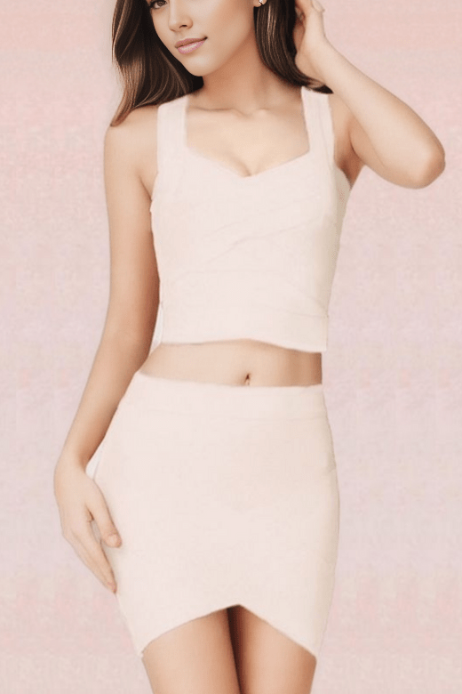 Woman wearing a figure flattering  Jay Bandage Crop Top and Mini Skirt Set - Cream BODYCON COLLECTION