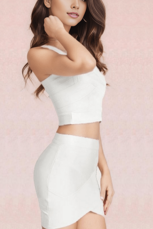 Woman wearing a figure flattering  Jay Bandage Crop Top and Mini Skirt Set - Pearl White BODYCON COLLECTION
