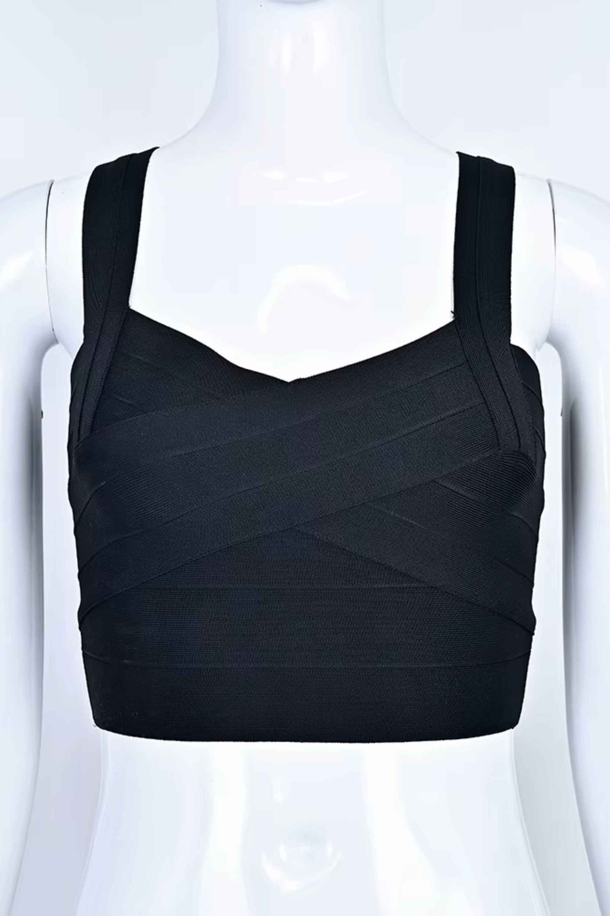 Woman wearing a figure flattering  Jay Bandage Crop Top - Classic Black BODYCON COLLECTION