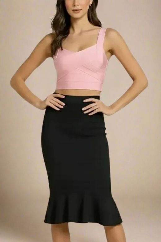 Woman wearing a figure flattering  Jay Bandage Crop Top - Dusty Pink BODYCON COLLECTION