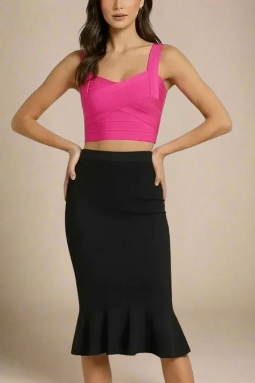 Woman wearing a figure flattering  Jay Bandage Crop Top - Hot Pink BODYCON COLLECTION
