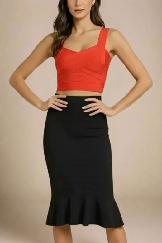 Woman wearing a figure flattering  Jay Bandage Crop Top - Lipstick Red BODYCON COLLECTION