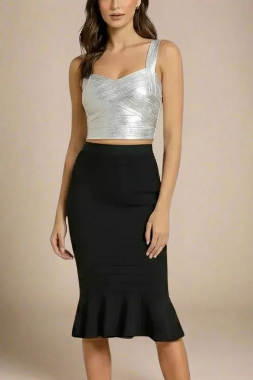 Woman wearing a figure flattering  Jay Bandage Crop Top - Silver BODYCON COLLECTION