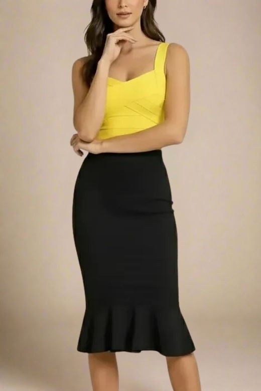 Woman wearing a figure flattering  Jay Bandage Crop Top - Sun Yellow BODYCON COLLECTION