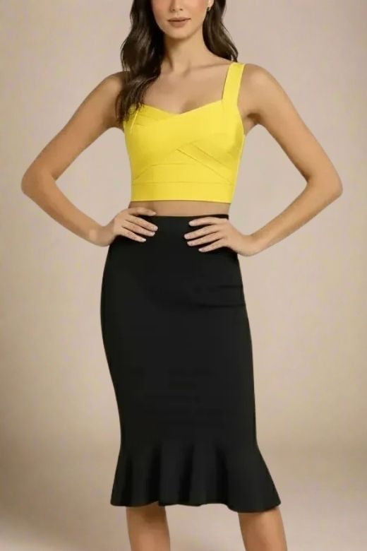 Woman wearing a figure flattering  Jay Bandage Crop Top - Sun Yellow BODYCON COLLECTION