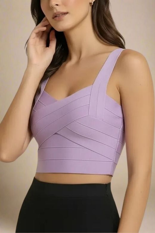 Woman wearing a figure flattering  Jay Bandage Crop Top - Violet Purple BODYCON COLLECTION