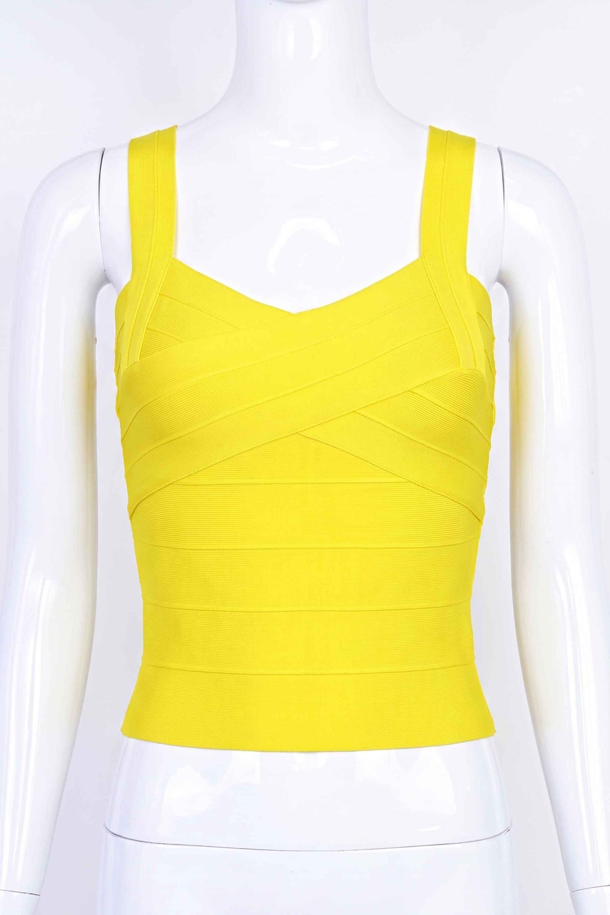 Woman wearing a figure flattering  Jay Bandage Top - Sun Yellow BODYCON COLLECTION