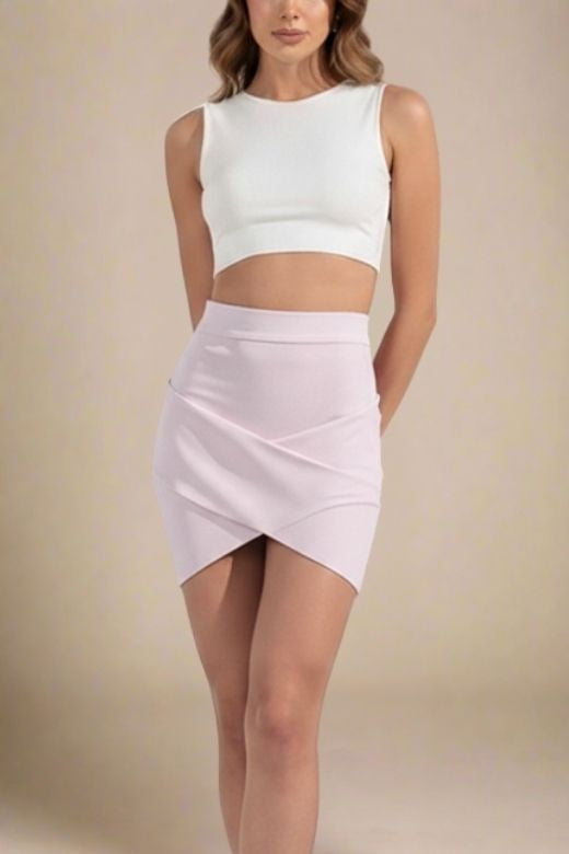 Woman wearing a figure flattering  Jay High Waist Bandage Mini Skirt - Cream BODYCON COLLECTION