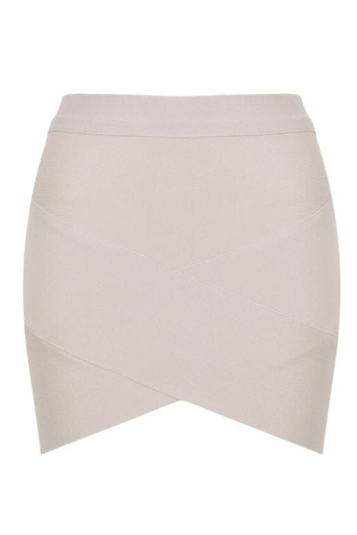 Woman wearing a figure flattering  Jay High Waist Bandage Mini Skirt - Cream BODYCON COLLECTION