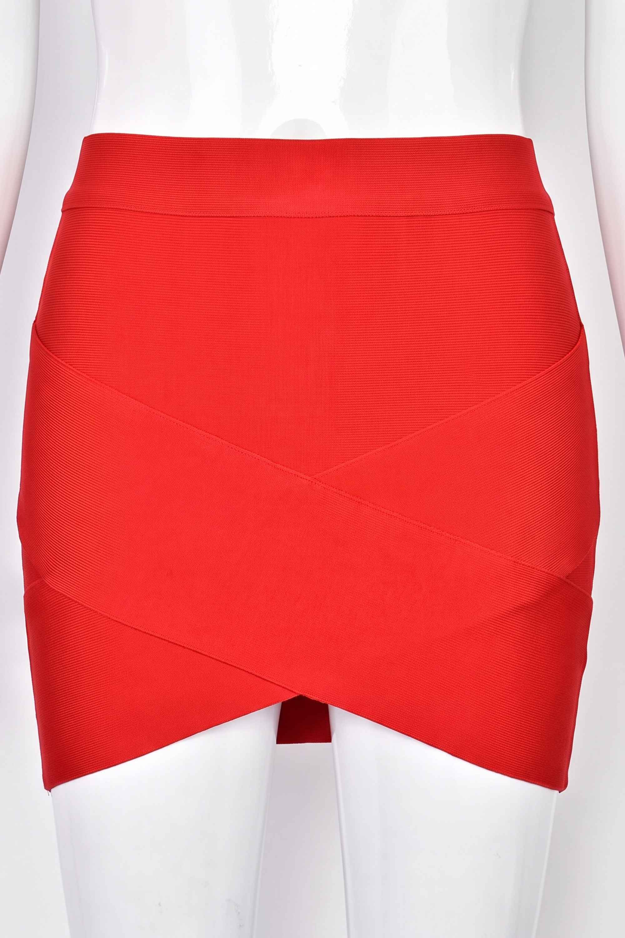 Woman wearing a figure flattering  Jay High Waist Bandage Mini Skirt - Lipstick Red BODYCON COLLECTION