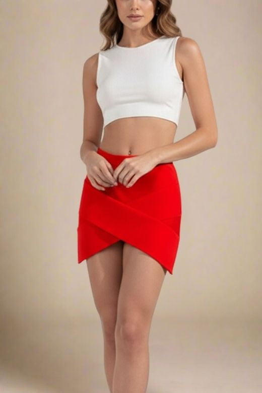 Woman wearing a figure flattering  Jay High Waist Bandage Mini Skirt - Lipstick Red BODYCON COLLECTION