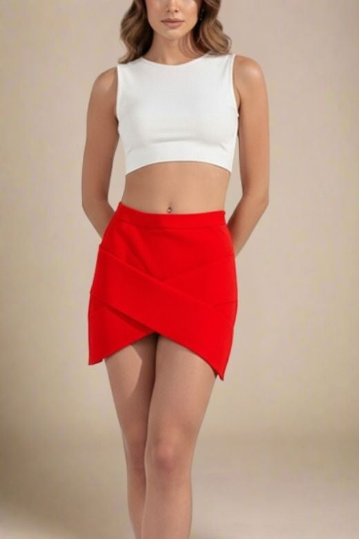 Woman wearing a figure flattering  Jay High Waist Bandage Mini Skirt - Lipstick Red BODYCON COLLECTION