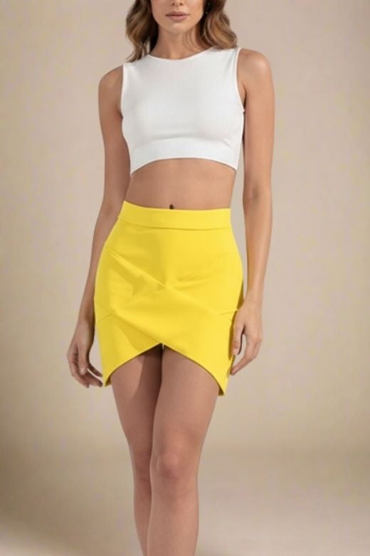 Woman wearing a figure flattering  Jay High Waist Bandage Mini Skirt - Sun Yellow BODYCON COLLECTION
