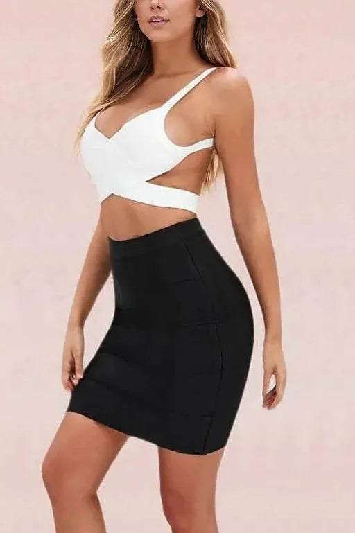 Woman wearing a figure flattering  Jess Bandage Top and Mini Skirt Set - Pearl White BODYCON COLLECTION