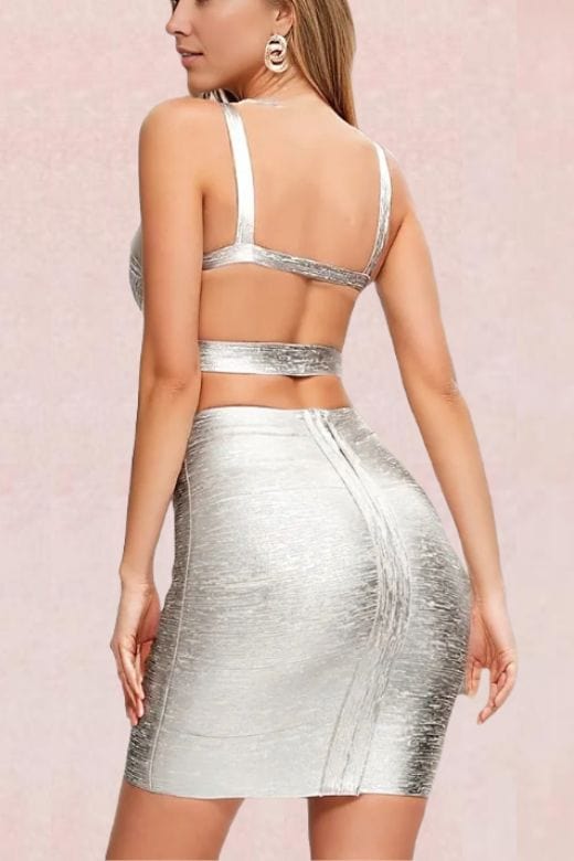 Woman wearing a figure flattering  Jess Bandage Top and Mini Skirt Set - Silver BODYCON COLLECTION