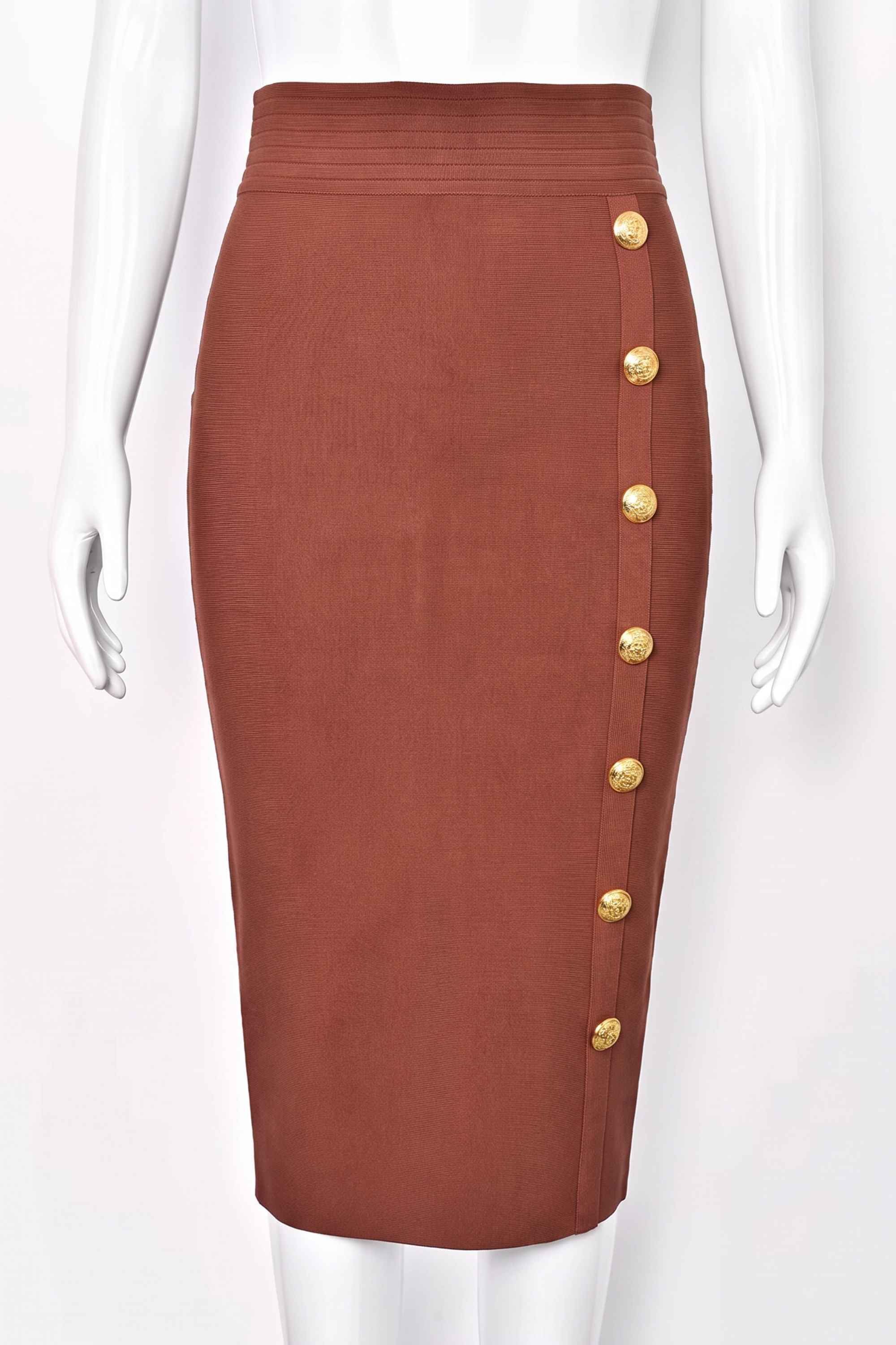 Woman wearing a figure flattering  Jessie Midi Pencil Skirt - Tan Brown BODYCON COLLECTION Pty Ltd