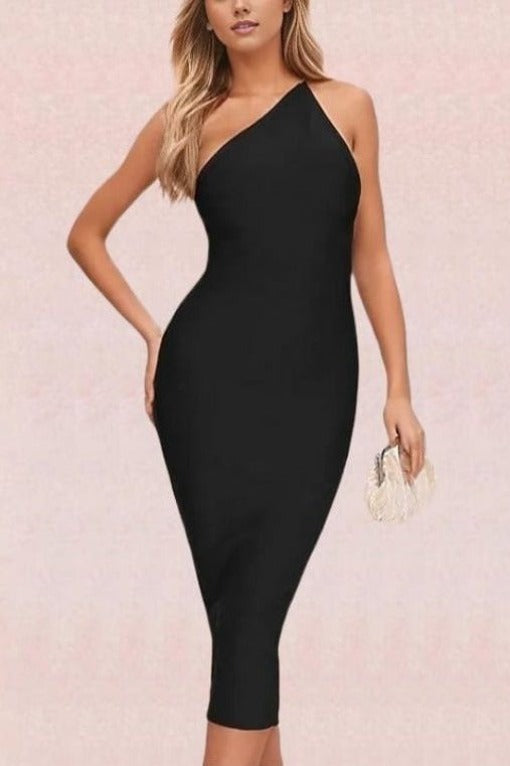 Woman wearing a figure flattering  Joi Bodycon Midi Dress - Classic Black Bodycon Collection
