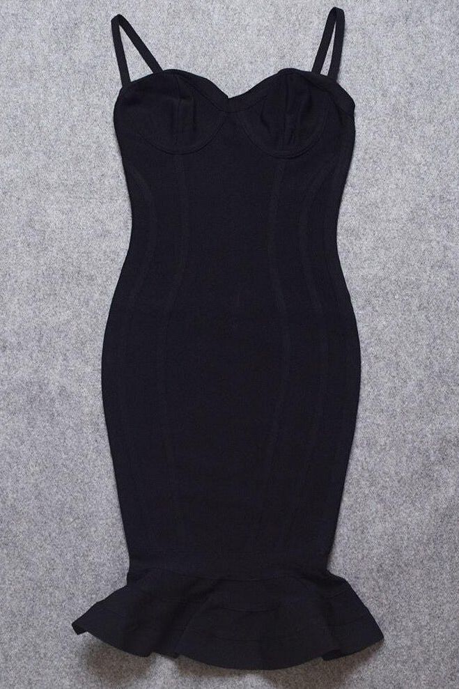 Woman wearing a figure flattering  Joy Bandage Midi Dress - Classic Black Bodycon Collection