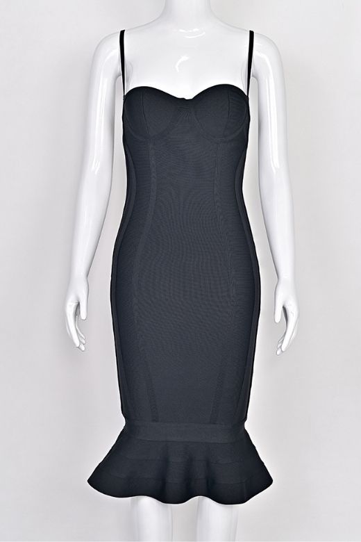 Woman wearing a figure flattering  Joy Bandage Midi Dress - Classic Black Bodycon Collection