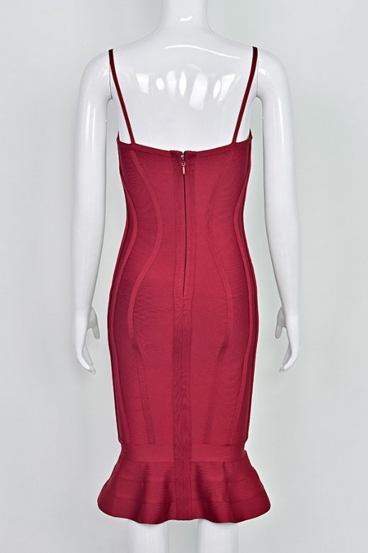 Woman wearing a figure flattering  Joy Bandage Midi Dress - Red Wine Bodycon Collection