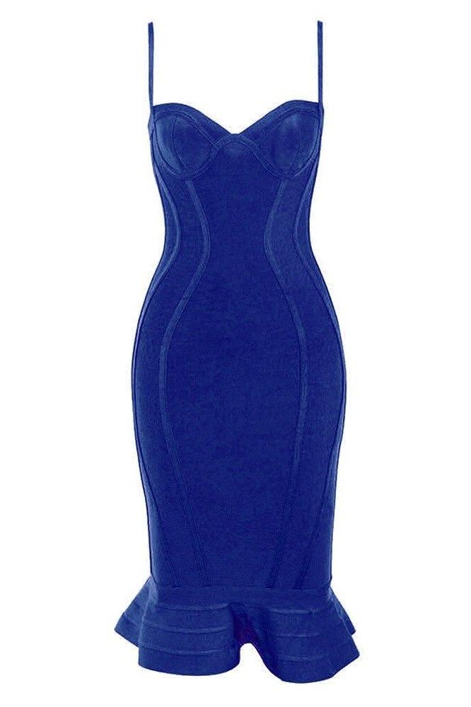 Woman wearing a figure flattering  Joy Bandage Midi Dress - Royal Blue Bodycon Collection