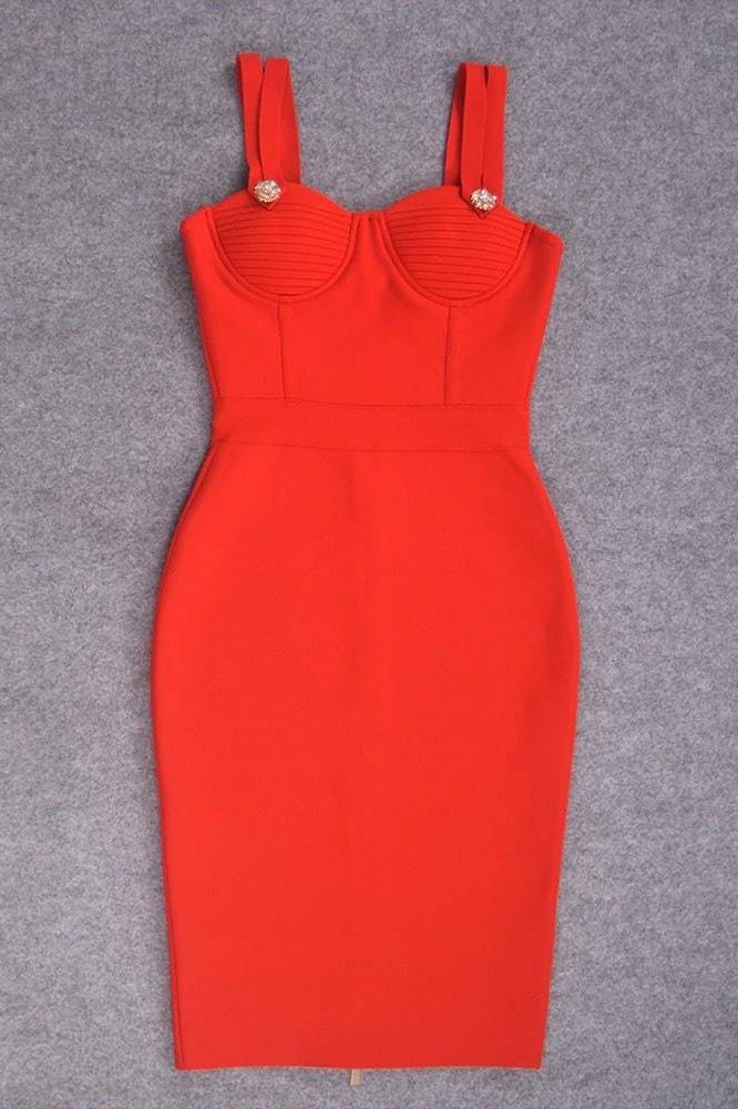 Woman wearing a figure flattering  Kate Bandage Dress - Lipstick Red Bodycon Collection