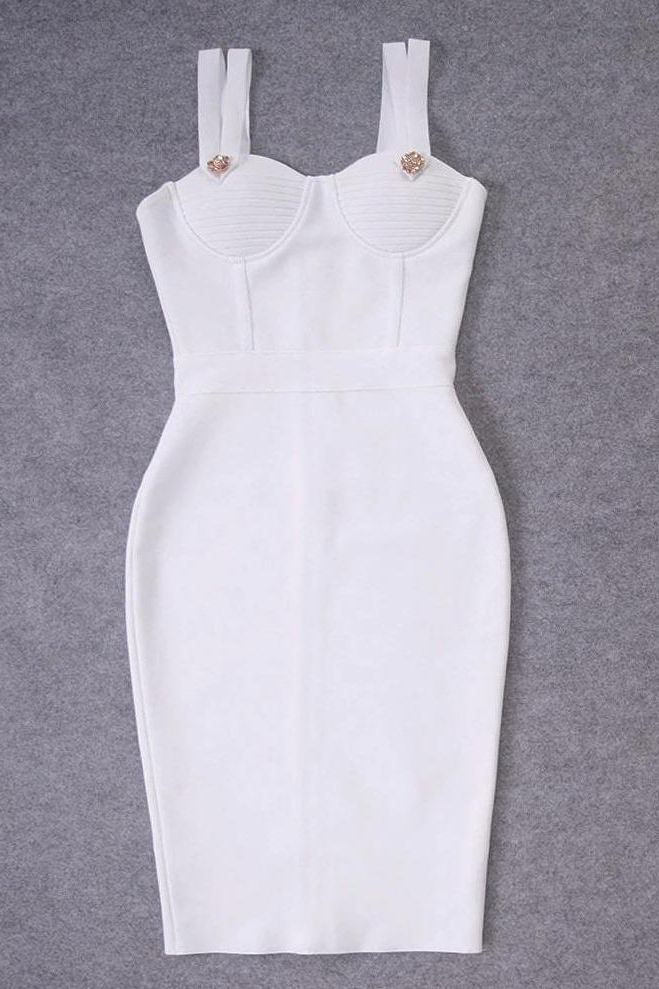 Woman wearing a figure flattering  Kate Bandage Dress - Pearl White Bodycon Collection