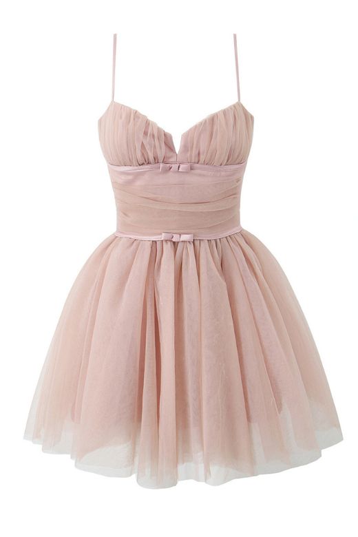 Woman wearing a figure flattering  Kaya Bodycon Mini Wrap Tulle Dress - Oyster Pink BODYCON COLLECTION