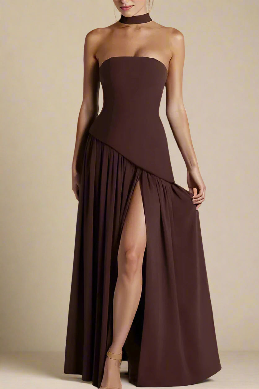 Woman wearing a figure flattering  Kellie Bodycon Maxi Dress - Chocolate Brown BODYCON COLLECTION