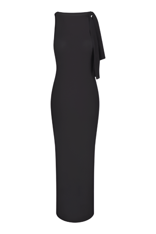 Woman wearing a figure flattering  Kelly Bodycon Maxi Dress - Classic Black BODYCON COLLECTION