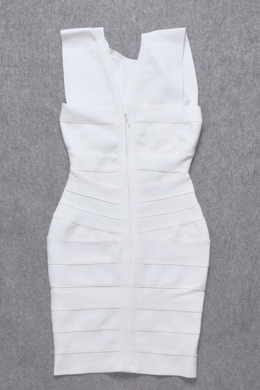 Woman wearing a figure flattering  Kia Bandage Dress - Pearl White BODYCON COLLECTION