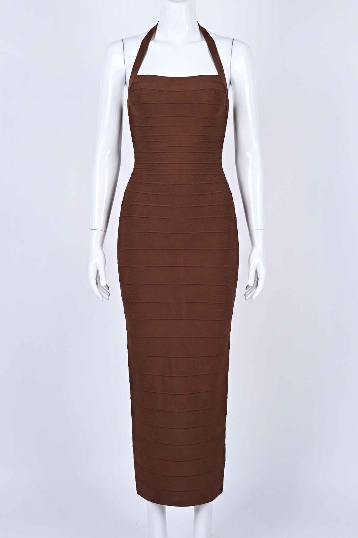 Woman wearing a figure flattering  Kia Bandage Maxi Dress - Chocolate Brown BODYCON COLLECTION Pty Ltd