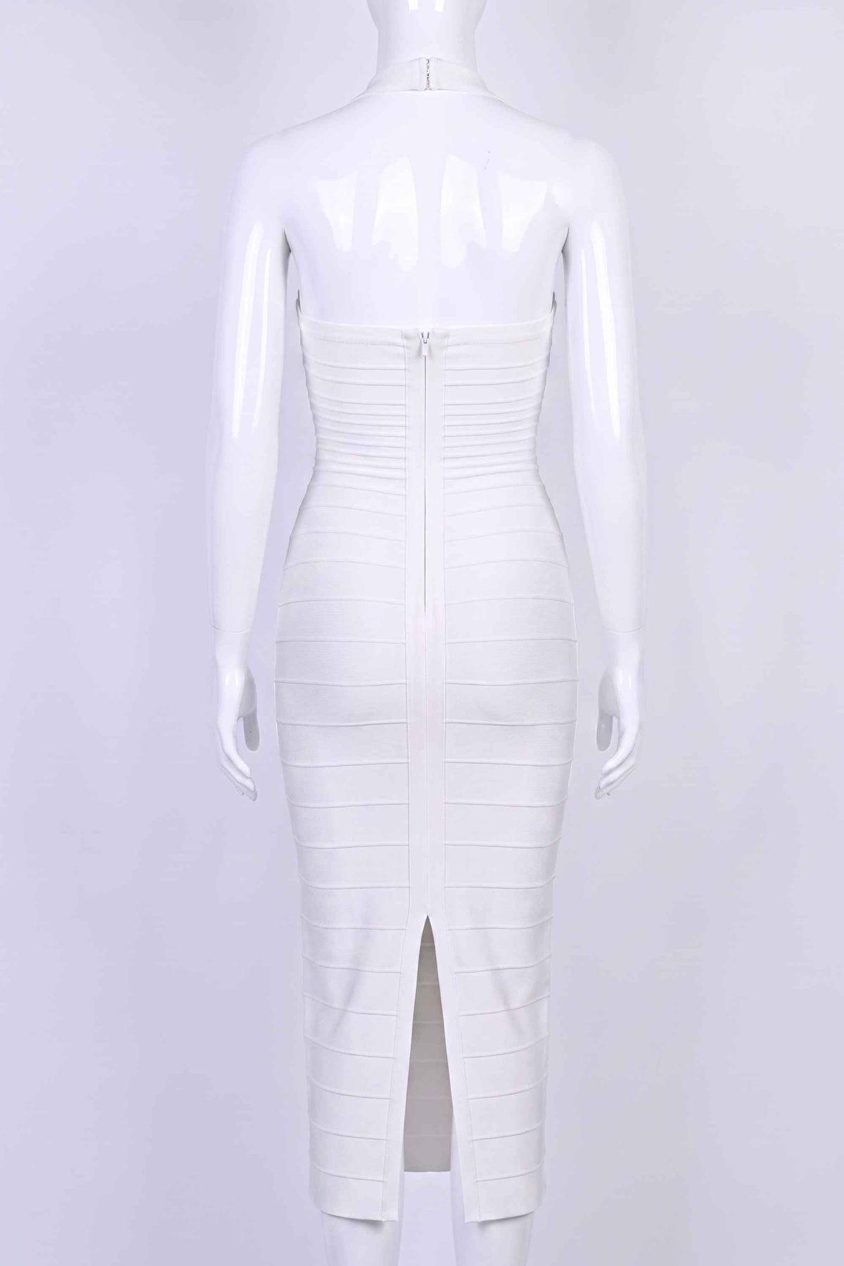 Woman wearing a figure flattering  Kia Bandage Maxi Dress - White Pearl BODYCON COLLECTION Pty Ltd