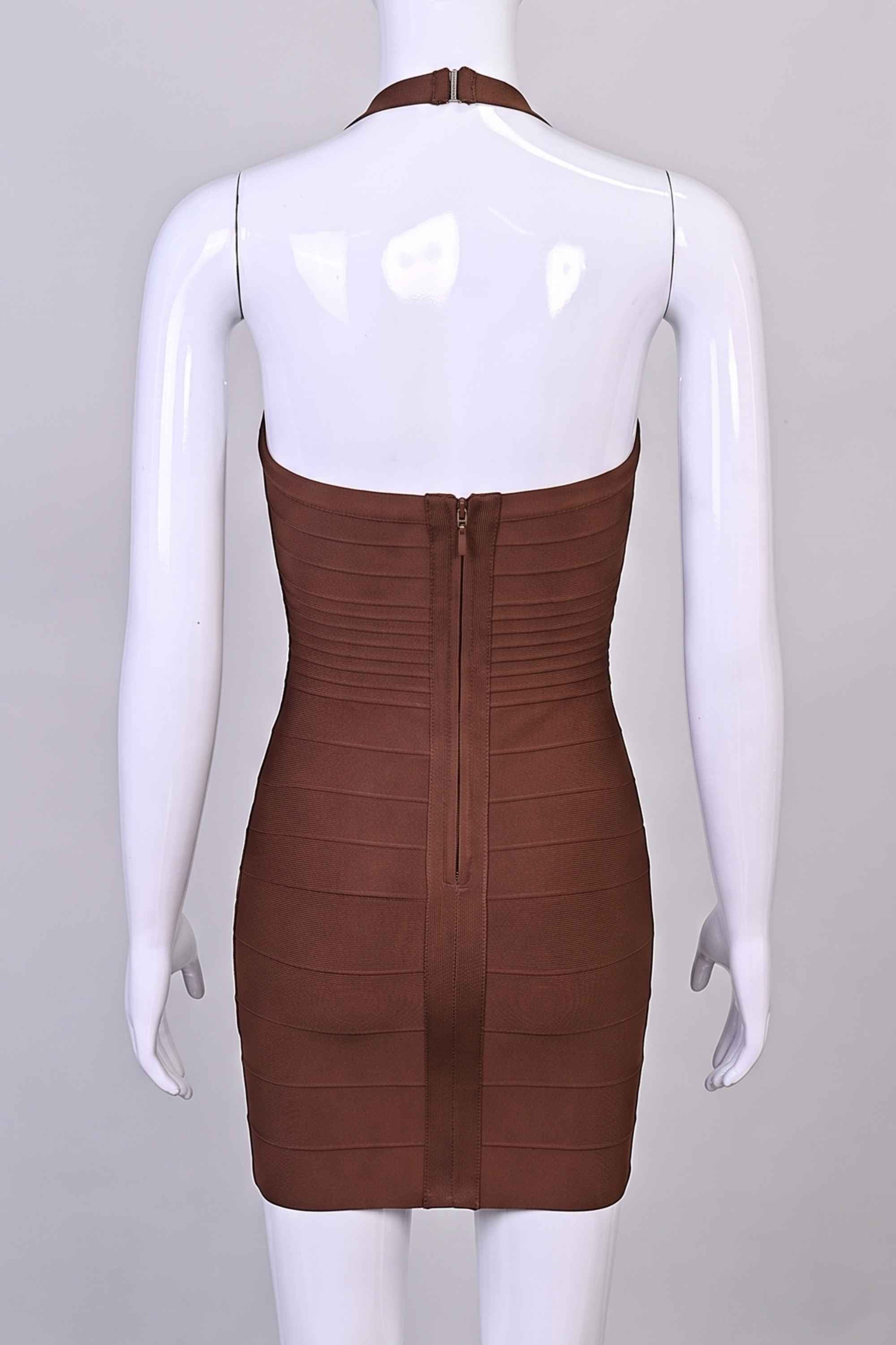 Woman wearing a figure flattering  Kia Bandage Mini Dress - Chocolate Brown BODYCON COLLECTION Pty Ltd