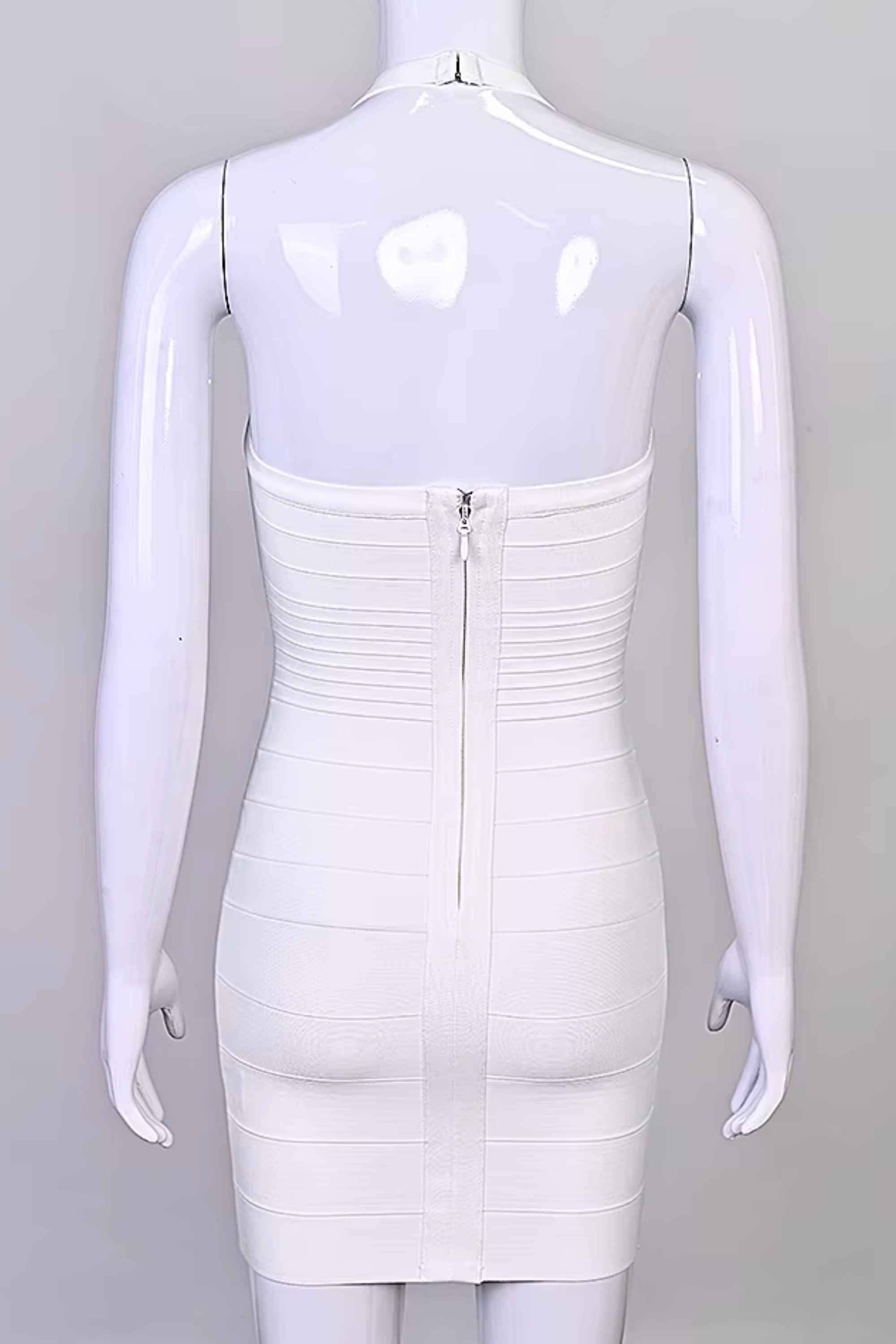 Woman wearing a figure flattering  Kia Bandage Mini Dress - White Pearl BODYCON COLLECTION Pty Ltd