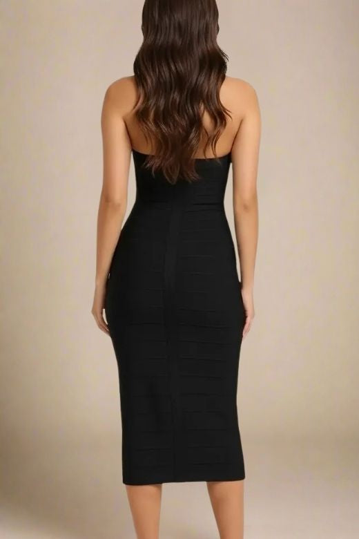 Woman wearing a figure flattering  Lara Bandage Midi Dress - Classic Black BODYCON COLLECTION Pty Ltd