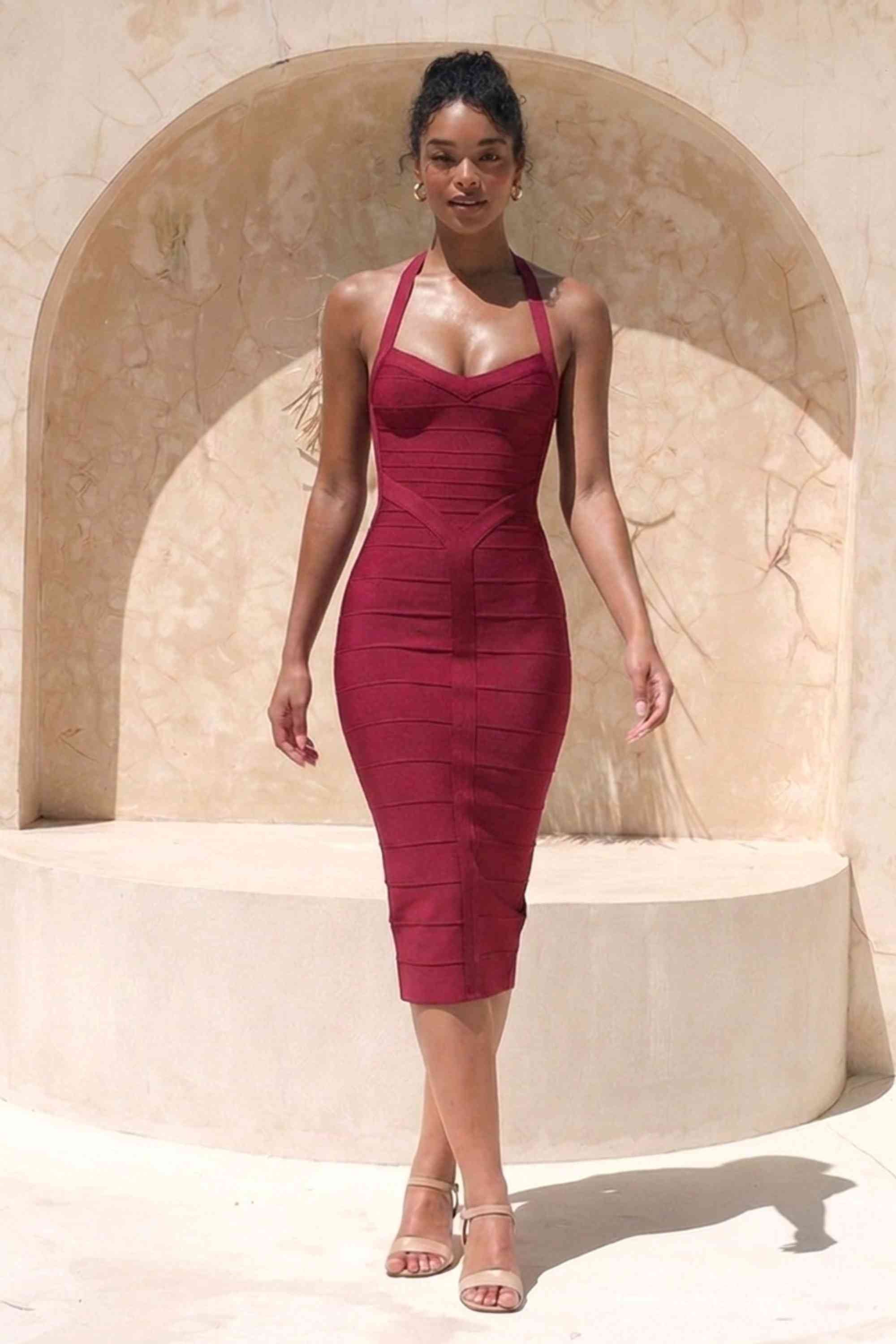 Woman wearing a figure flattering  Lara Bandage Midi Dress - Red Wine BODYCON COLLECTION Pty Ltd
