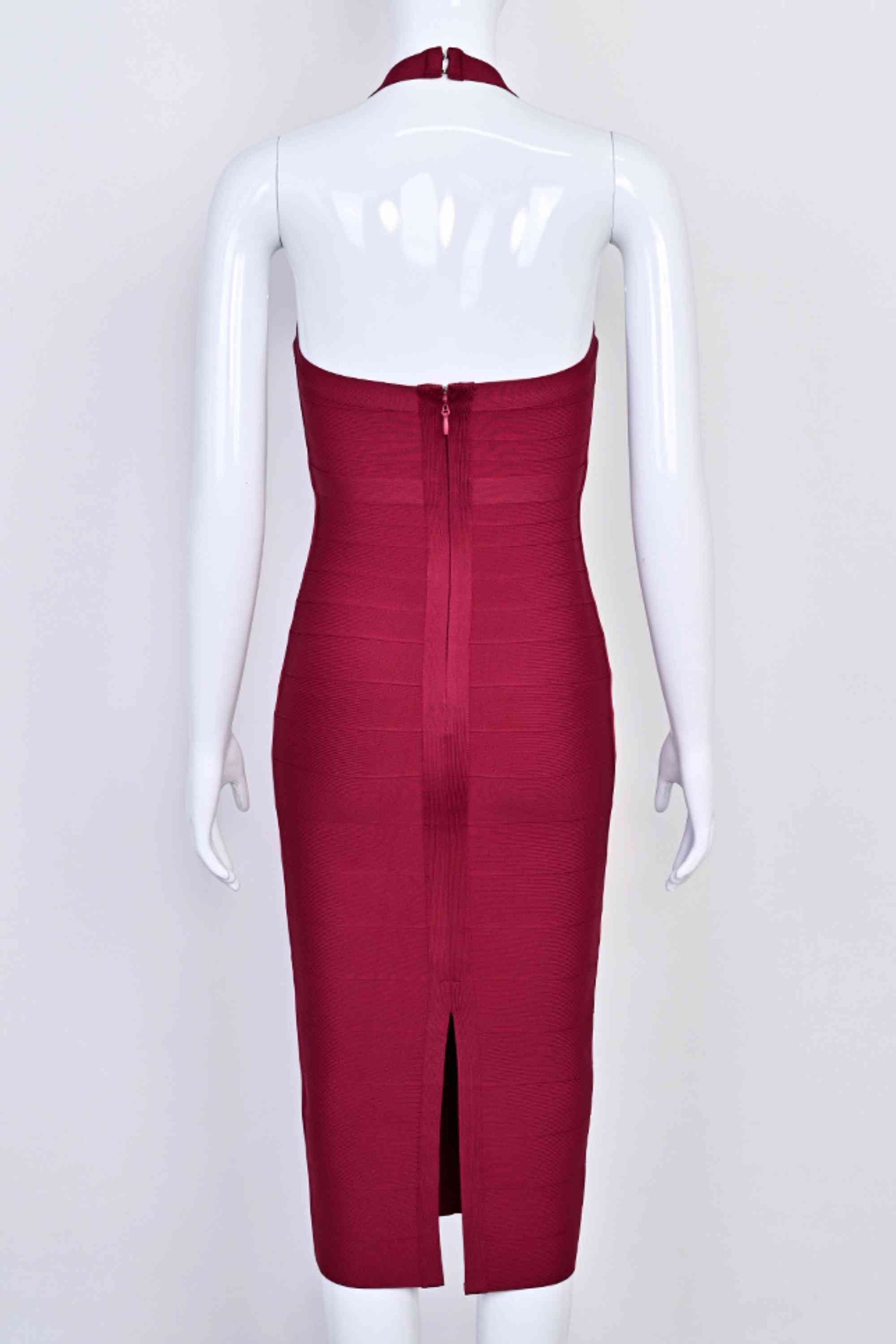 Woman wearing a figure flattering  Lara Bandage Midi Dress - Red Wine BODYCON COLLECTION Pty Ltd