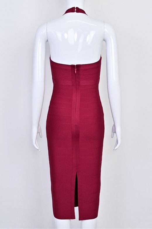 Woman wearing a figure flattering  Lara Bandage Midi Dress - Red Wine BODYCON COLLECTION Pty Ltd