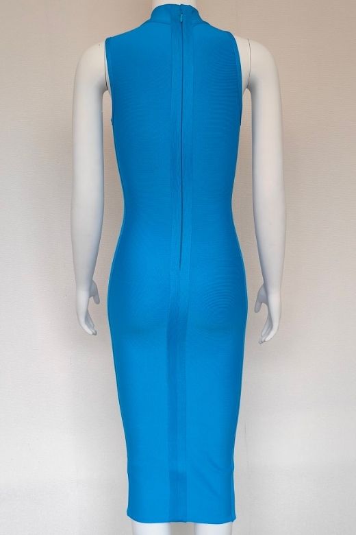 Woman wearing a figure flattering  Layla Bandage Midi Dress - Sky Blue Bodycon Collection