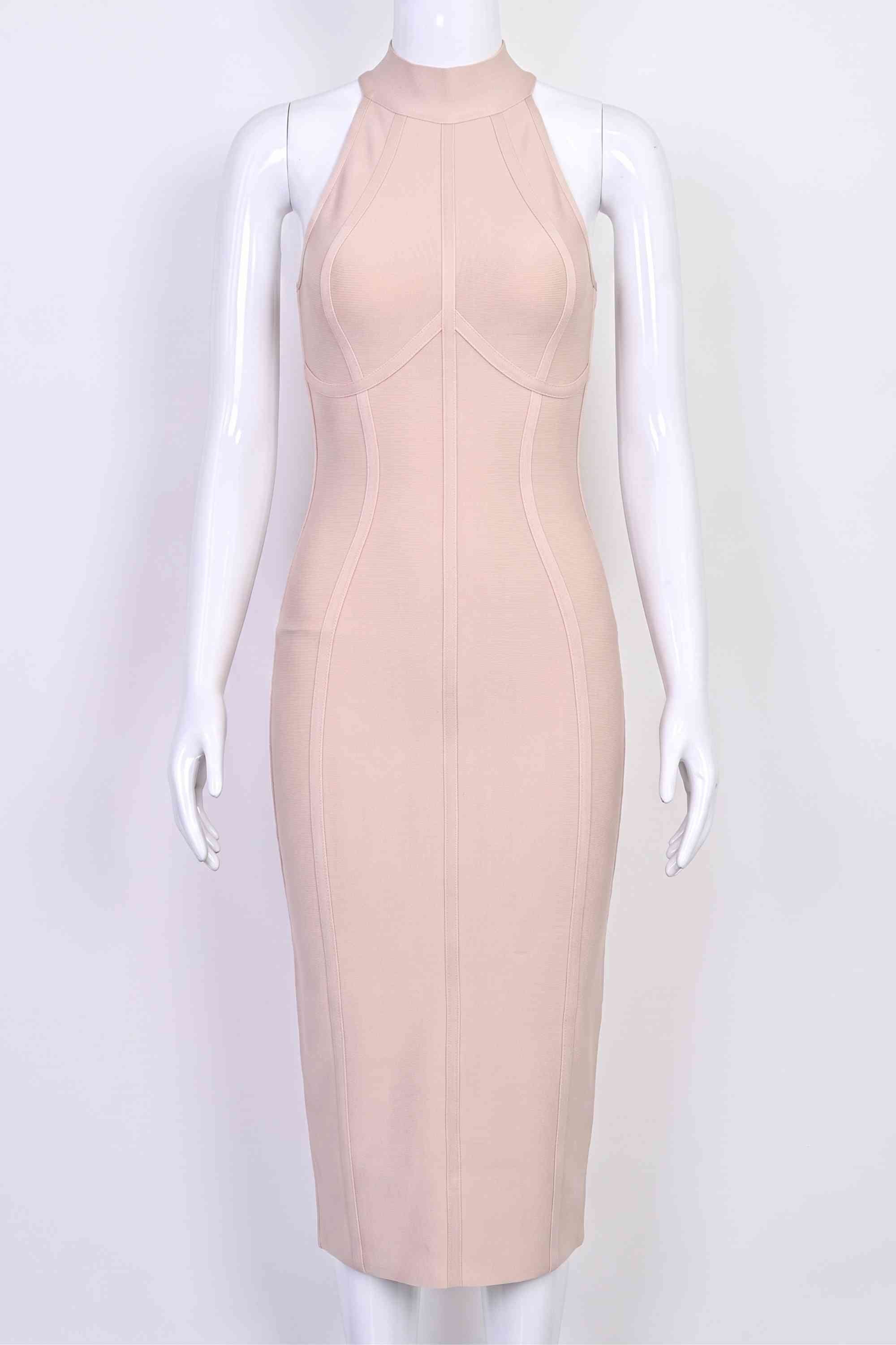 Woman wearing a figure flattering  Lea Bandage Midi Dress - Beige Bodycon Collection