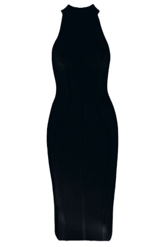 Woman wearing a figure flattering  Lea Bandage Midi Dress - Classic Black Bodycon Collection