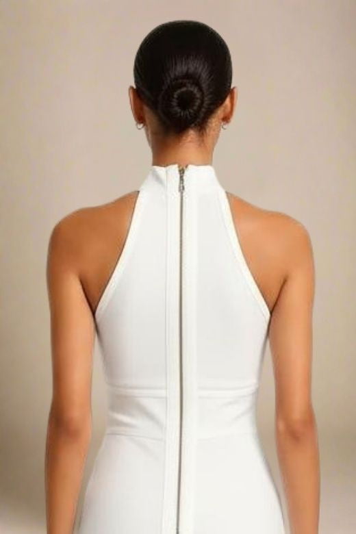 Woman wearing a figure flattering  Lea Bandage Midi Dress - White Pearl Bodycon Collection