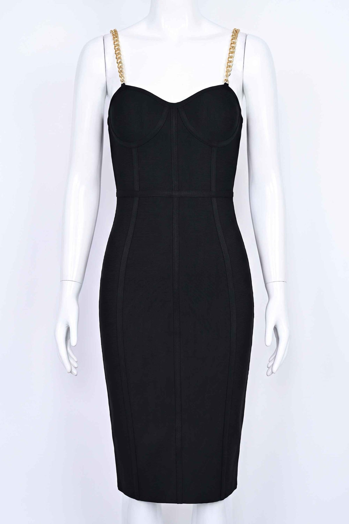 Woman wearing a figure flattering  Leah Bodycon Dress - Classic Black Bodycon Collection