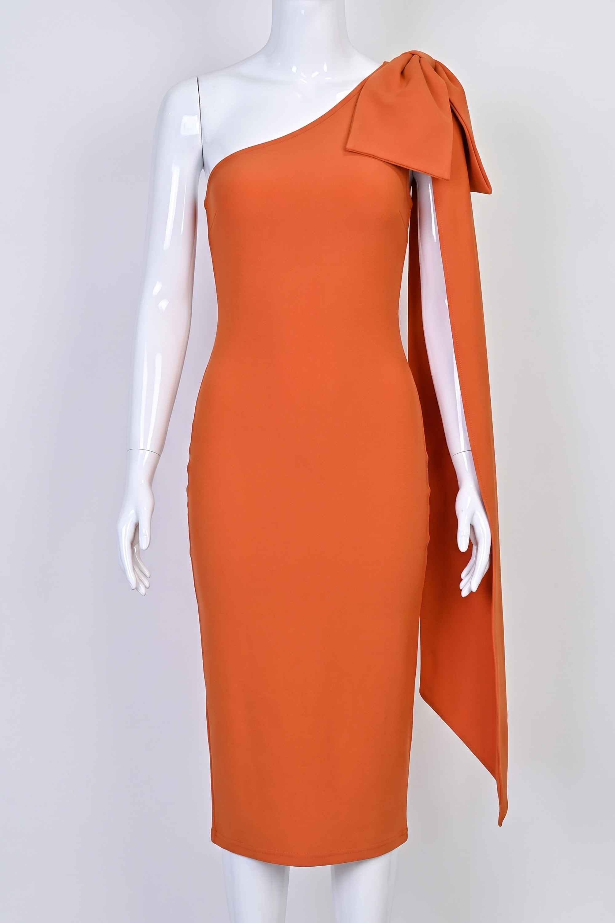 Woman wearing a figure flattering  Lela Long Sleeve Bandage Midi Dress - Apricot Orange BODYCON COLLECTION