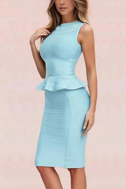 Woman wearing a figure flattering  Leni Bandage Top and Pencil Skirt Set - Sky Blue BODYCON COLLECTION