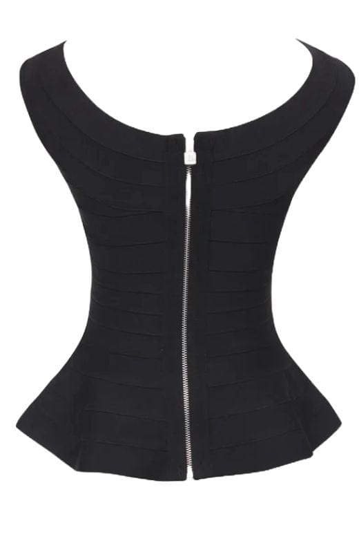 Woman wearing a figure flattering  Leni Bandage Top - Classic Black BODYCON COLLECTION