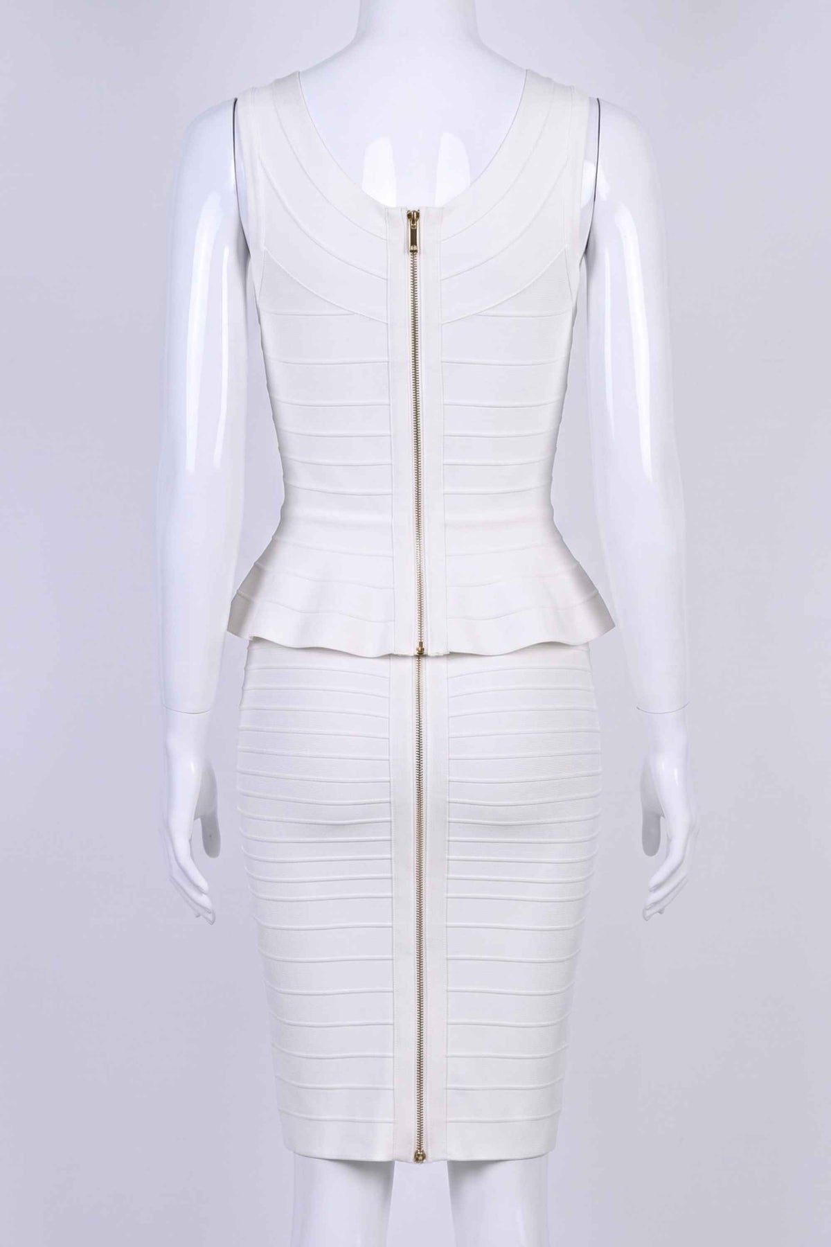 Woman wearing a figure flattering  Leni Bandage Top - Pearl White BODYCON COLLECTION