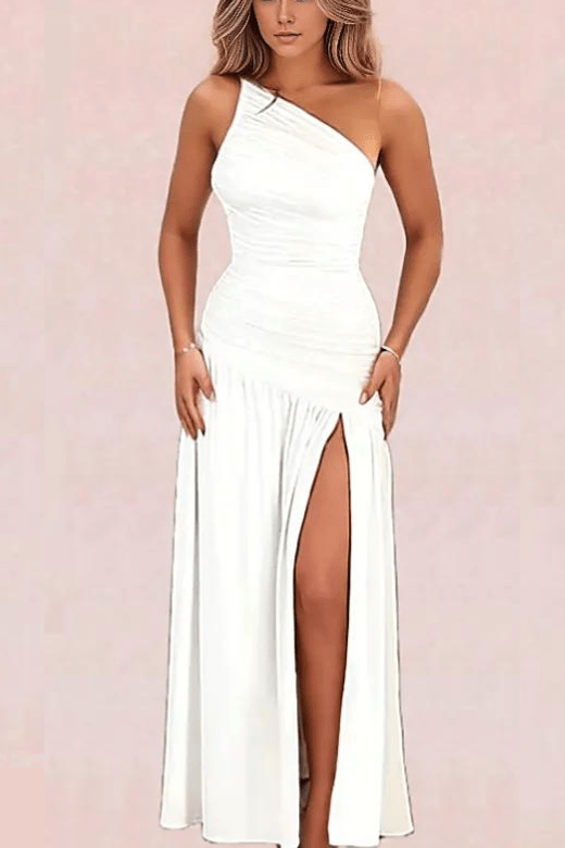 Woman wearing a figure flattering  Lenni Bodycon Midi Wrap Dress - Pearl White BODYCON COLLECTION